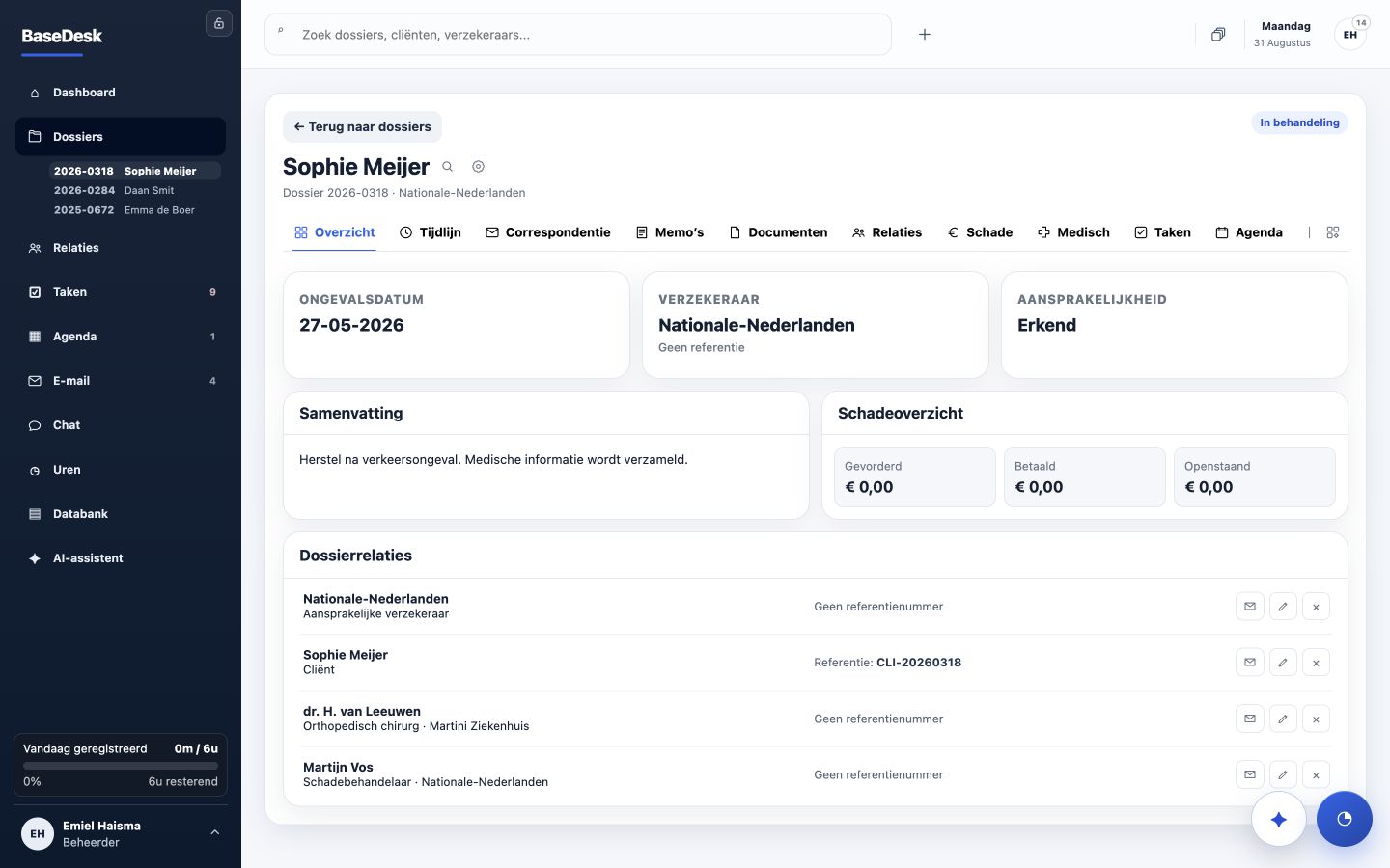 Een echt BaseDesk-dossieroverzicht met fictieve demo- en testgegevens